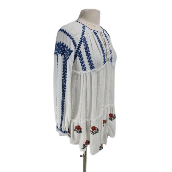 Free People Women Sz XS Loose Fit Ruffle Embordered Long Sleeve Crew Neck 140NA - Picture 2 of 5